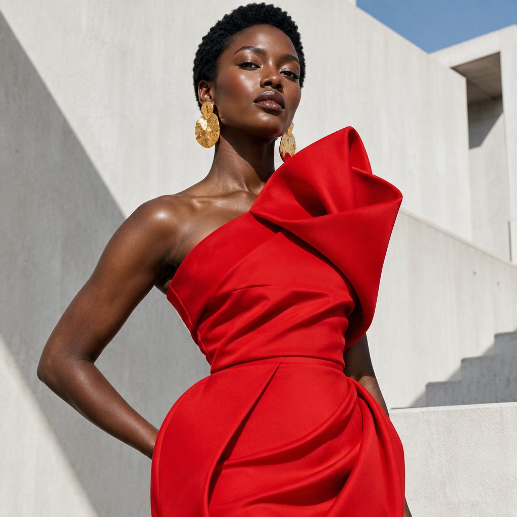 Illustrative fashion portrait in a sculptural red dress; not a Keljhani Atelier garment